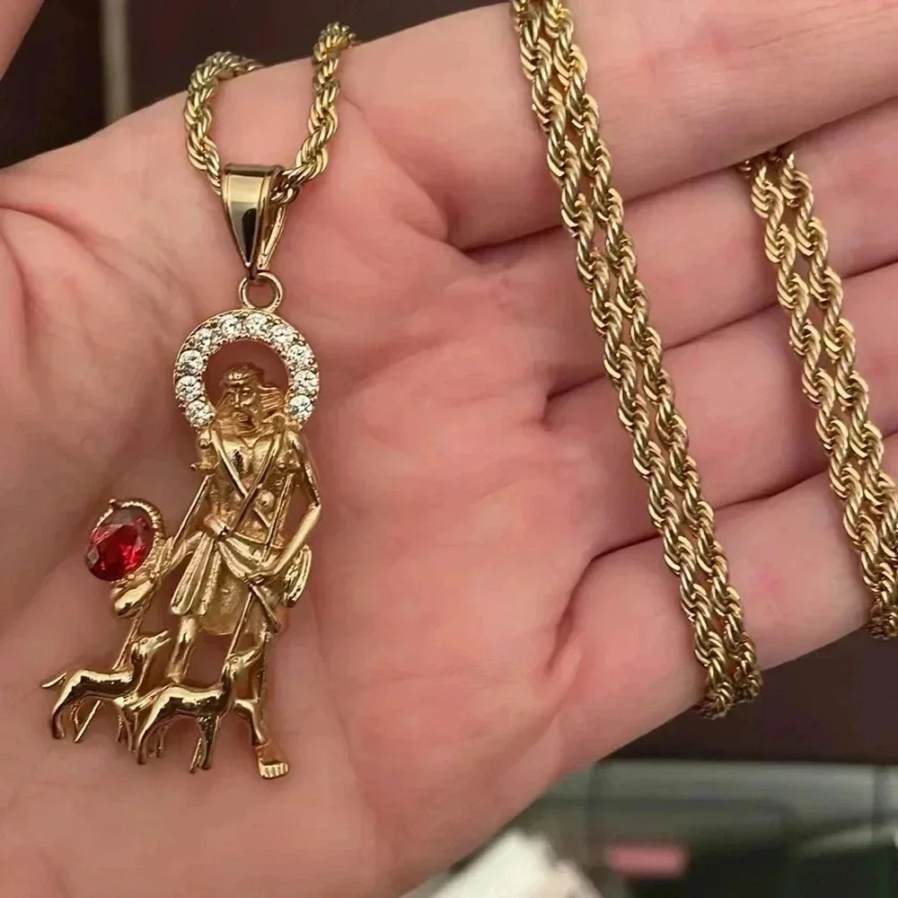 Gold Bonded Saint Lazarus Pendant with 14k Gold filled Rope Chain - Picture 4 of 5